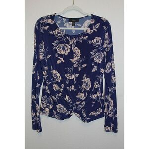 Forever 21 Floral Top 2X Blue Womens Long Sleeve Stretch Boho